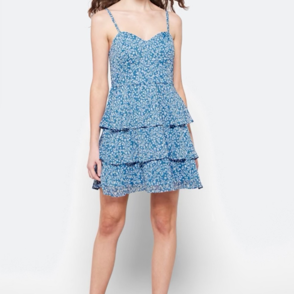 Blue Floral Print Ruffle Dress